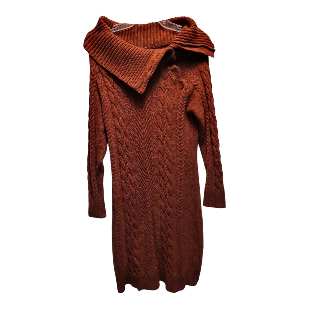 Elegant Rust Cowl Neck Cable Knit Midi Sweater Dress - Size XL
